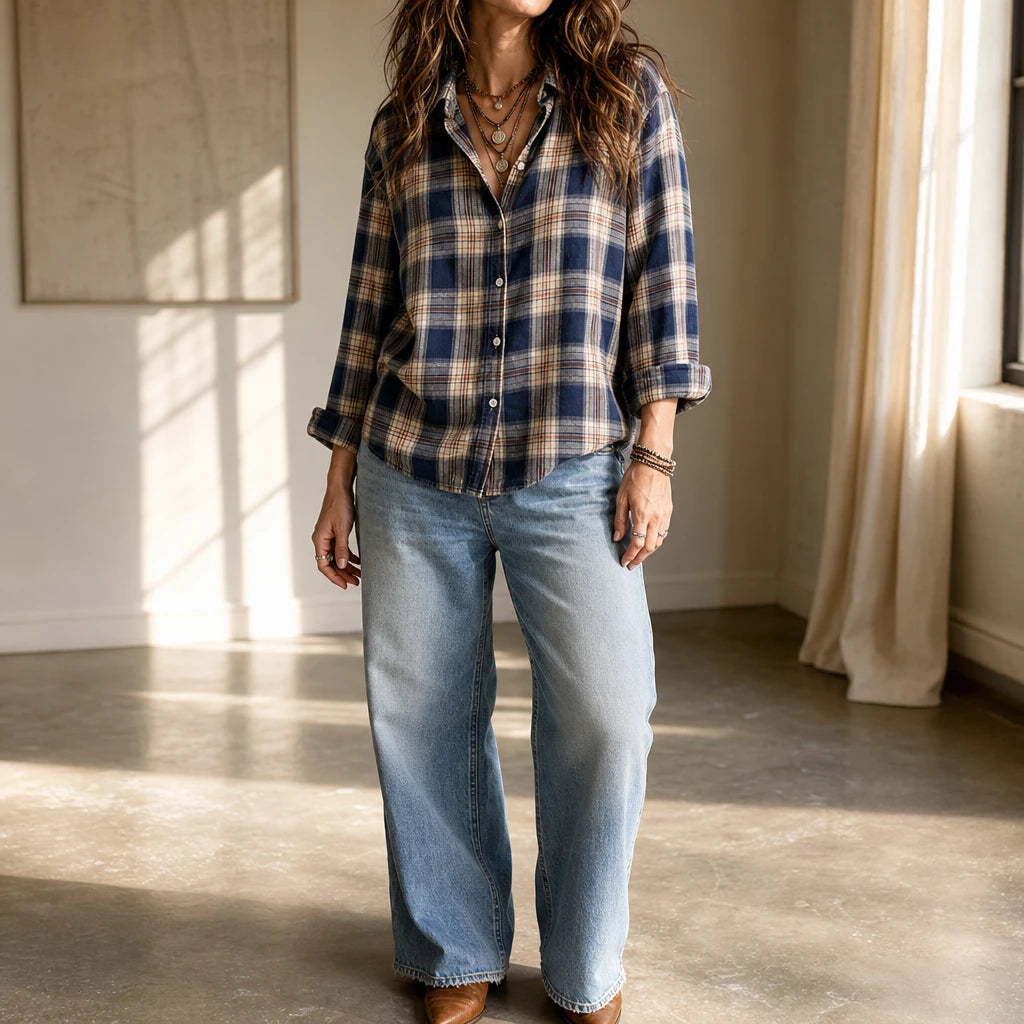 Women's Plaid Button-Front Blouse - Relaxed Hip-Length