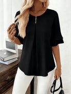 Women's Pleated Flared-Sleeve Blouse in black, Elegant Everyday
