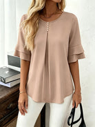 Women's Pleated Flared-Sleeve Blouse - Elegant Everyday