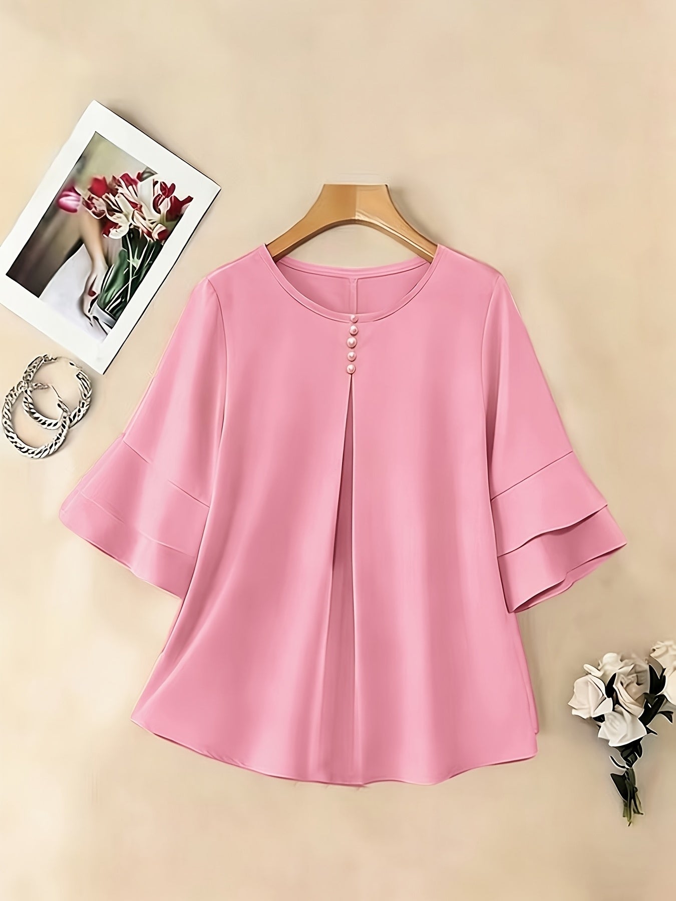 Women's Pleated Flared-Sleeve Blouse - Elegant Everyday