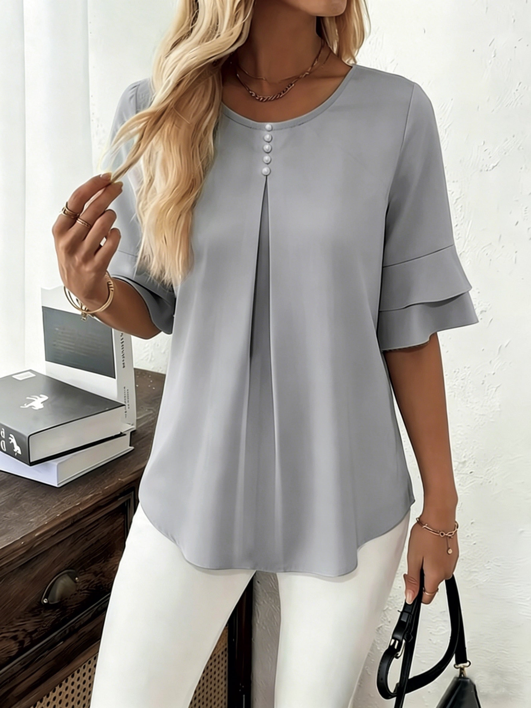 Women's Pleated Flared-Sleeve Blouse in light grey, Elegant Everyday
