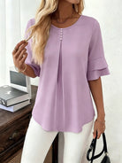 Women's Pleated Flared-Sleeve Blouse in light purple, Elegant Everyday