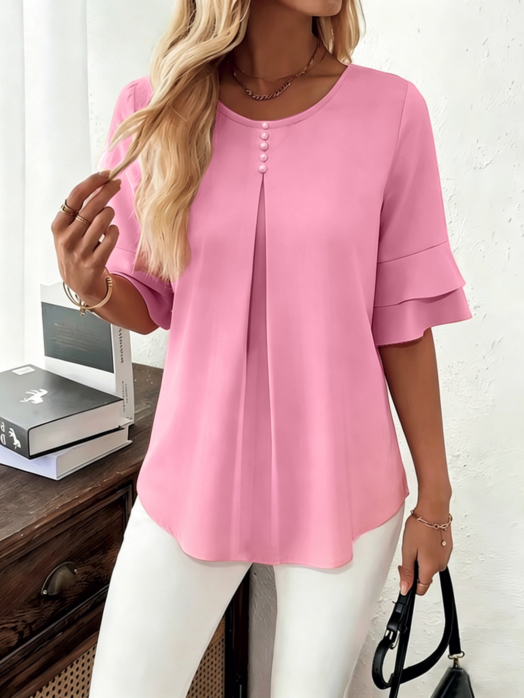 Women's Pleated Flared-Sleeve Blouse in pink, Elegant Everyday