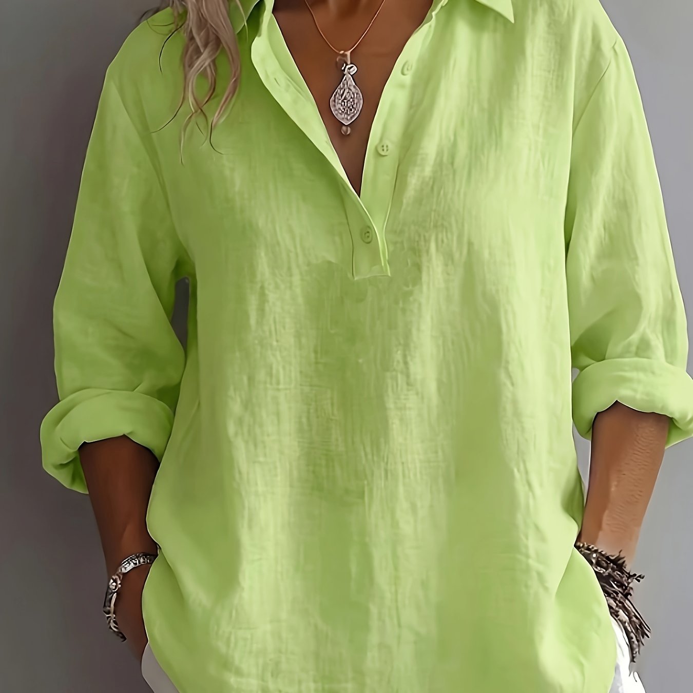 Women's Relaxed Collared Blouse in lime, Effortless Elegance