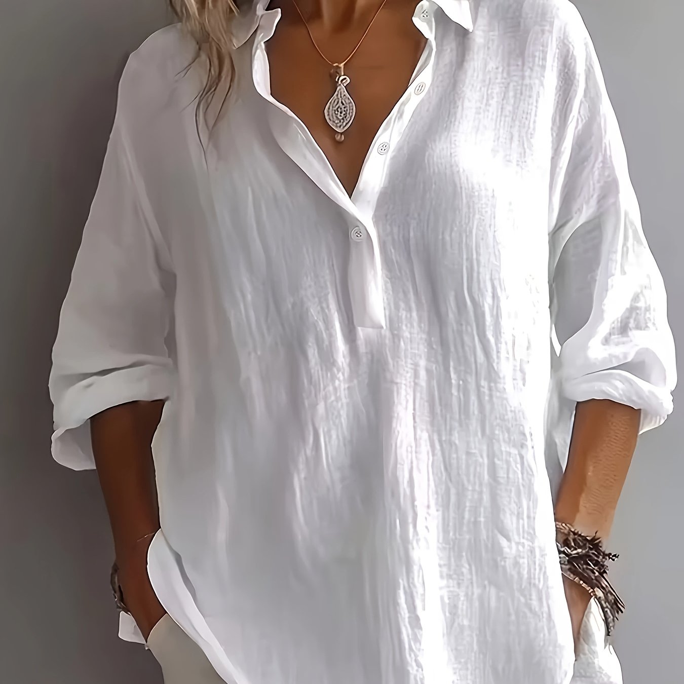 Women's Relaxed Collared Blouse in white, Effortless Elegance