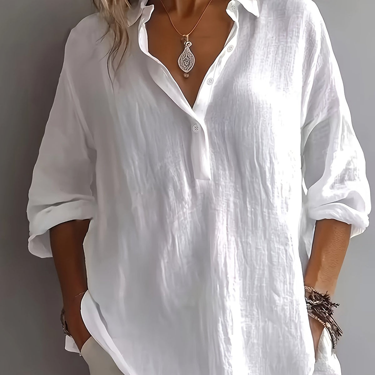 Women's Relaxed Collared Blouse in white, Effortless Elegance