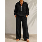 Women's Relaxed Half-Zip Two-Piece Set in black, Wide-Leg Trousers