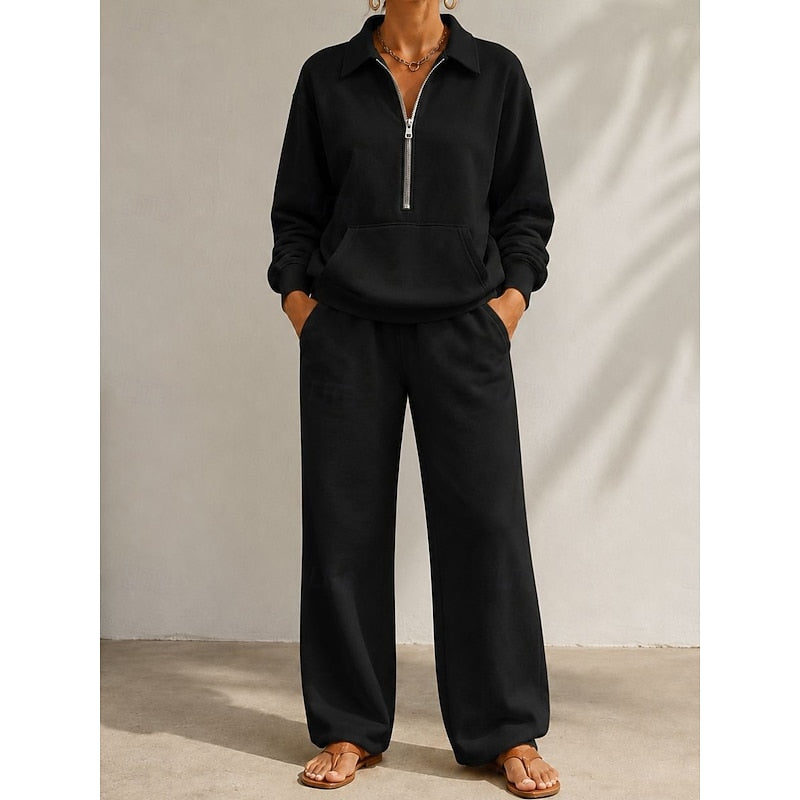 Women's Relaxed Half-Zip Two-Piece Set in black, Wide-Leg Trousers