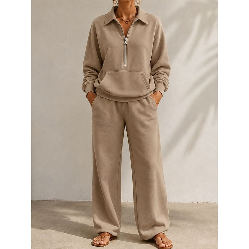 Women's Relaxed Half-Zip Two-Piece Set in brown, Wide-Leg Trousers