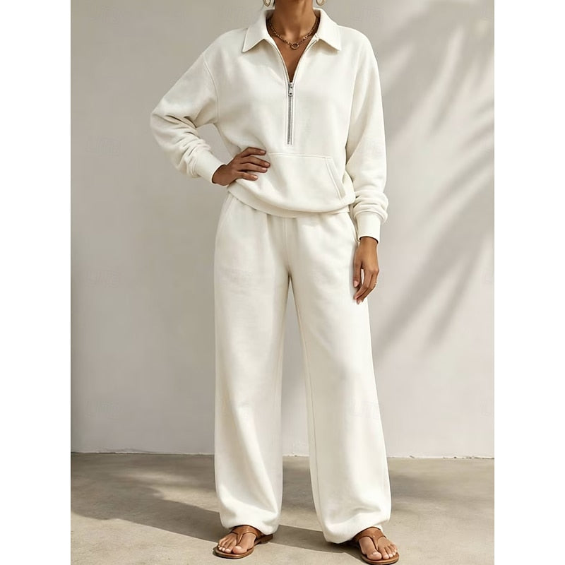 Women's Relaxed Half-Zip Two-Piece Set - Wide-Leg Trousers