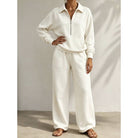 Women's Relaxed Half-Zip Two-Piece Set - Wide-Leg Trousers
