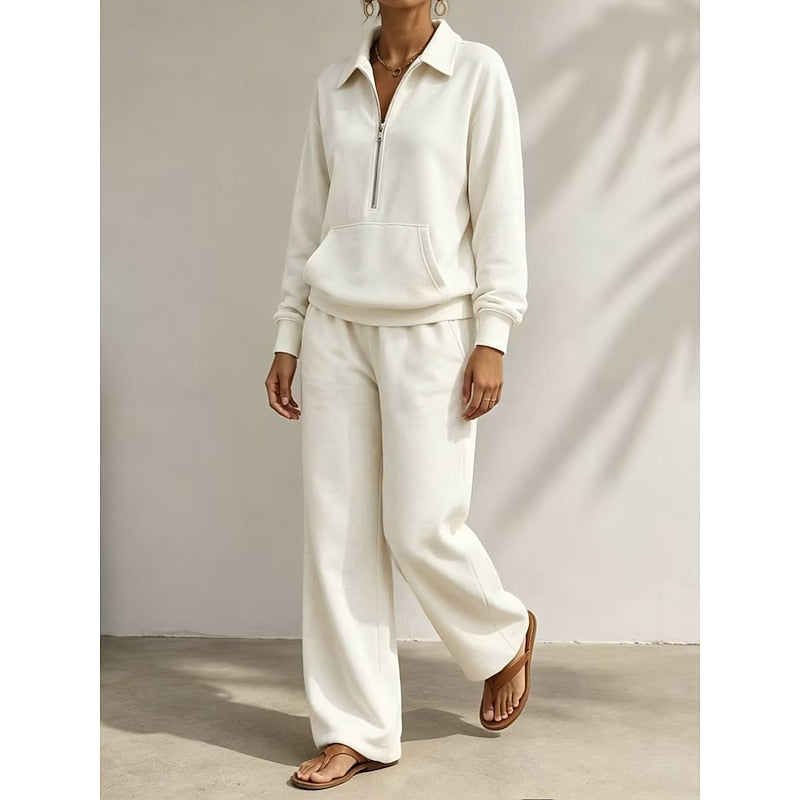 Women's Relaxed Half-Zip Two-Piece Set - Wide-Leg Trousers