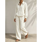 Women's Relaxed Half-Zip Two-Piece Set - Wide-Leg Trousers