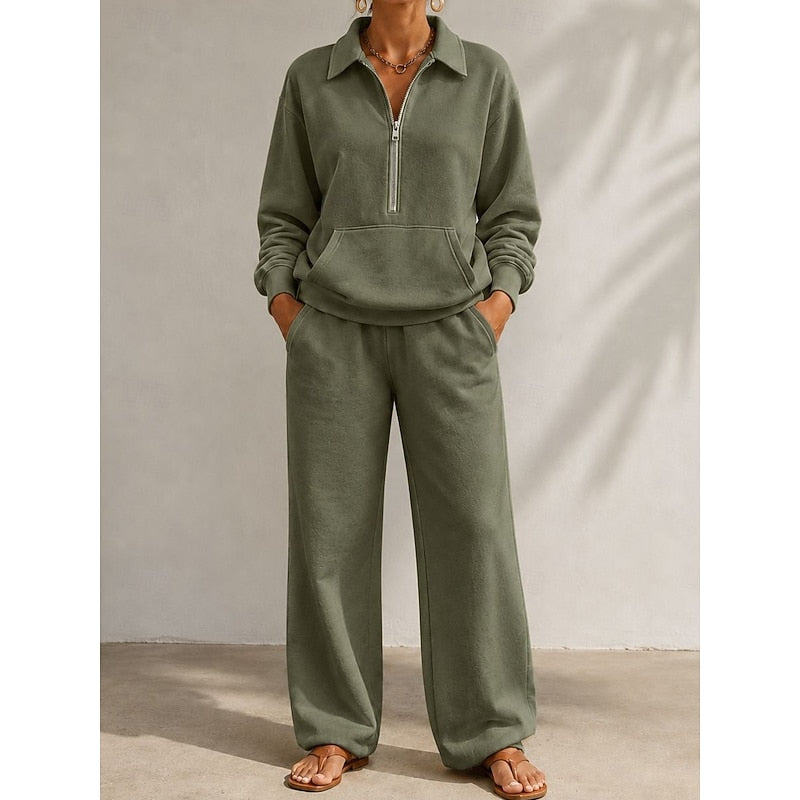 Women's Relaxed Half-Zip Two-Piece Set in green, Wide-Leg Trousers