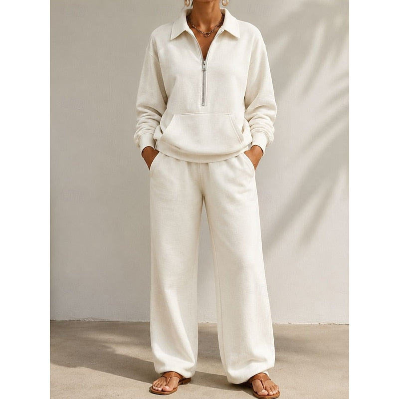 Women's Relaxed Half-Zip Two-Piece Set in white, Wide-Leg Trousers