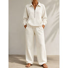 Women's Relaxed Half-Zip Two-Piece Set in white, Wide-Leg Trousers