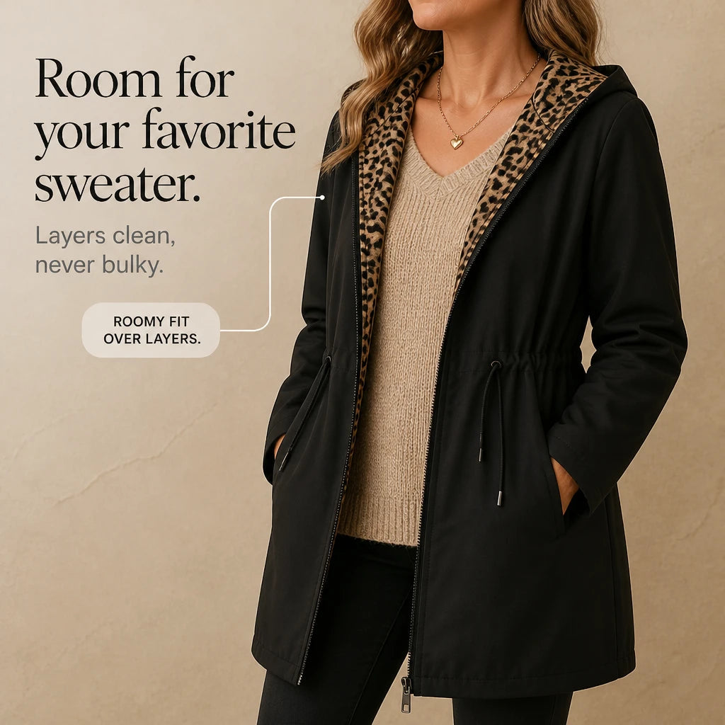 Women's Reversible Leopard Print Hooded Jacket - Two-Way Style