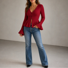 Women's Ribbed V-Neck Peplum Top in wine red, Casual Hip-Length Blouse