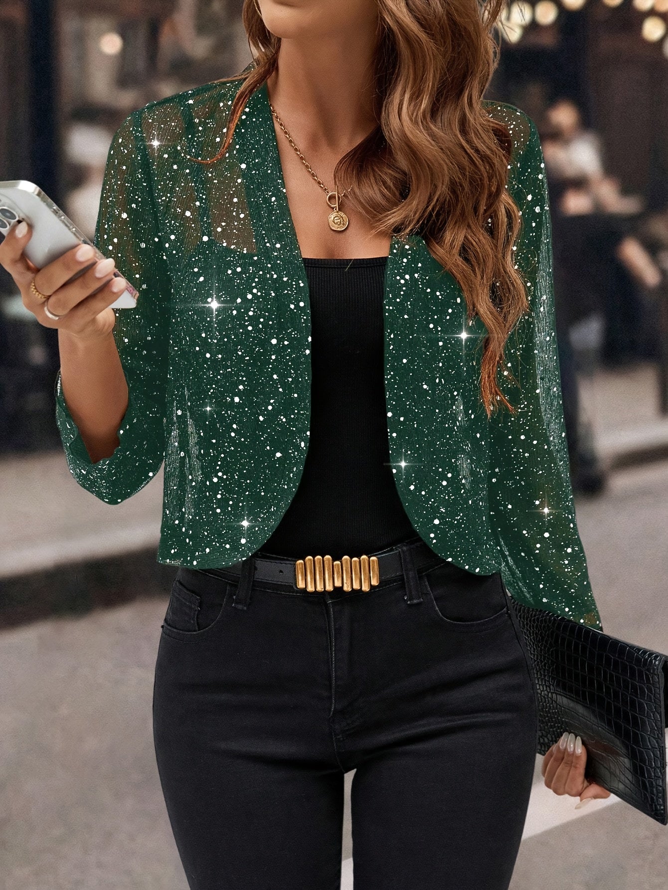 Women's Shimmer Cropped Jacket - 3/4 Sleeve