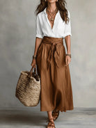 Women's Shirt & Midi Skirt Co-ord Set in brown, Black & Olive