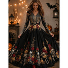 Women's Skeleton Rose Print Maxi Dress in black, Gothic Halloween
