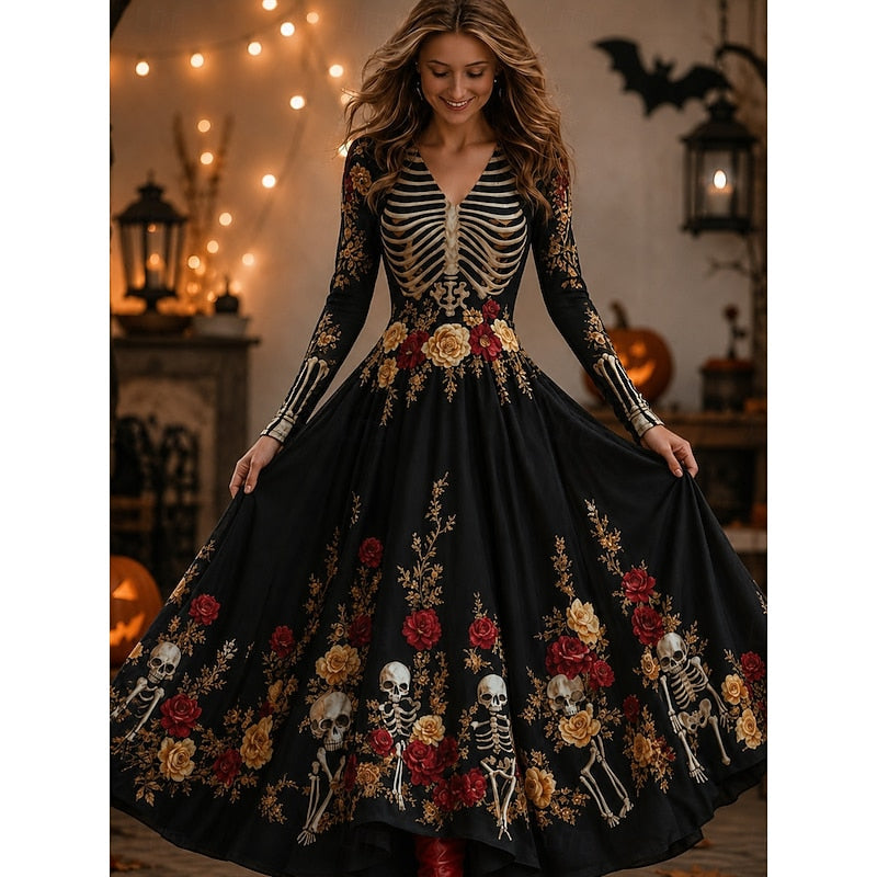 Women's Skeleton Rose Print Maxi Dress in black, Gothic Halloween