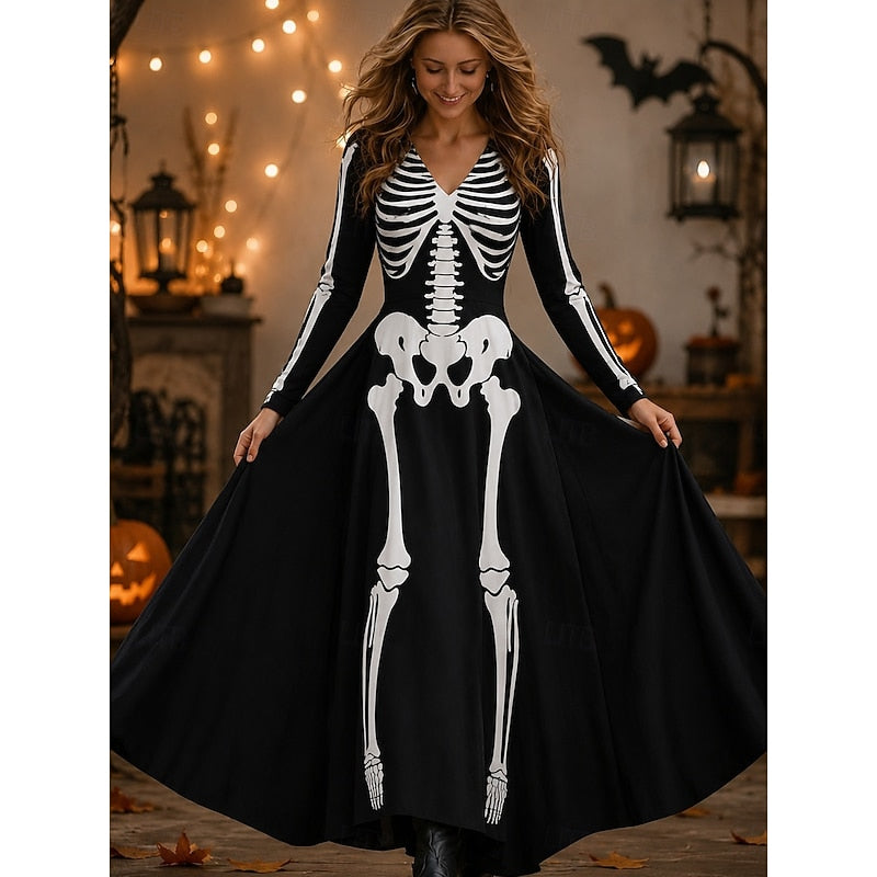 Women's Skeleton Rose Print Maxi Dress in white, Gothic Halloween