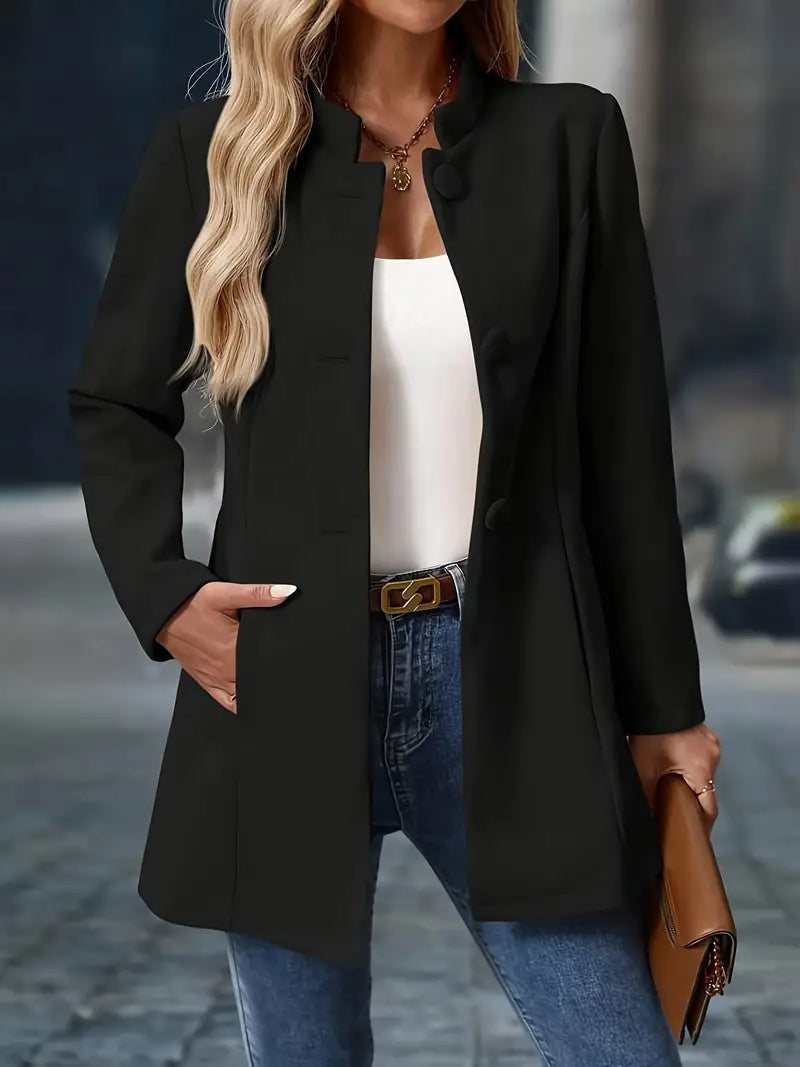 Women's Stand-Collar Button Coat in black, Elegant Tailored Layer