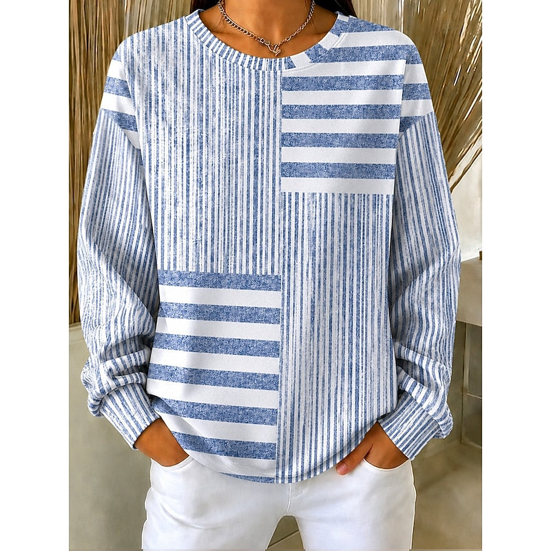 Women's Striped Crew Neck Sweatshirt in blue, Relaxed Fit
