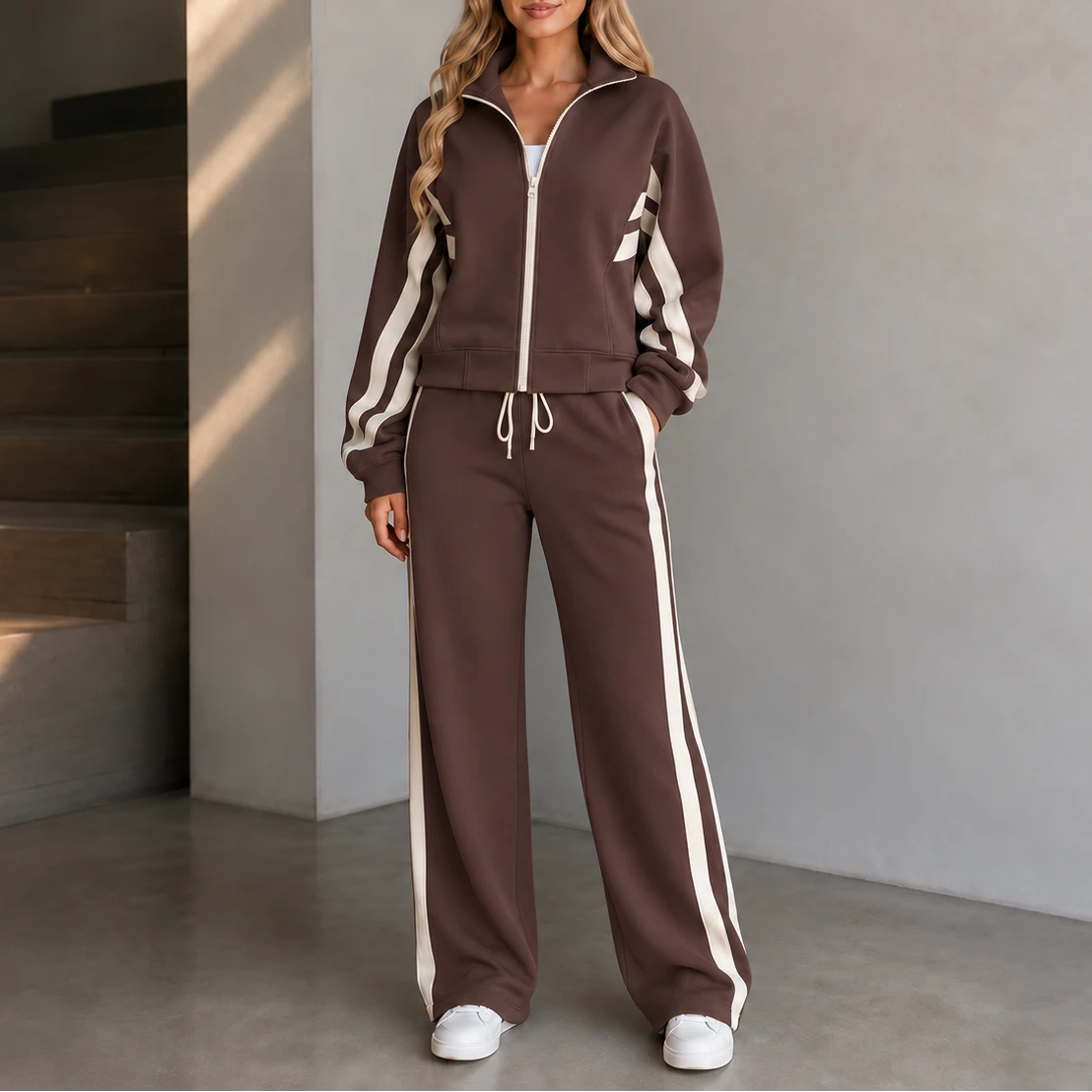 Women's Striped Lounge Set in brown, Relaxed Two-Piece