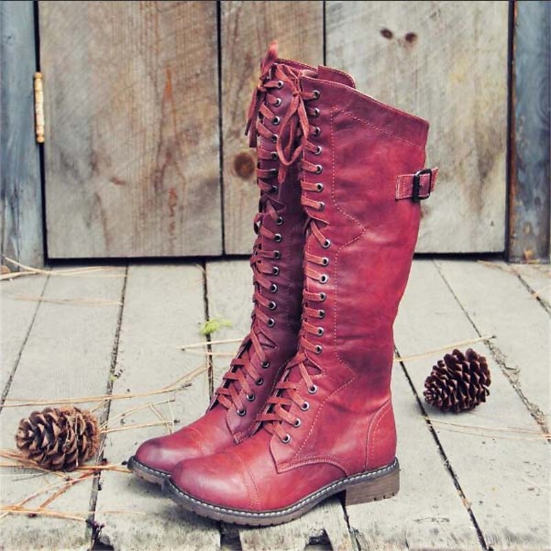 Women's Tall Lace-Up Riding Boots in red, Classic Knee-High Style