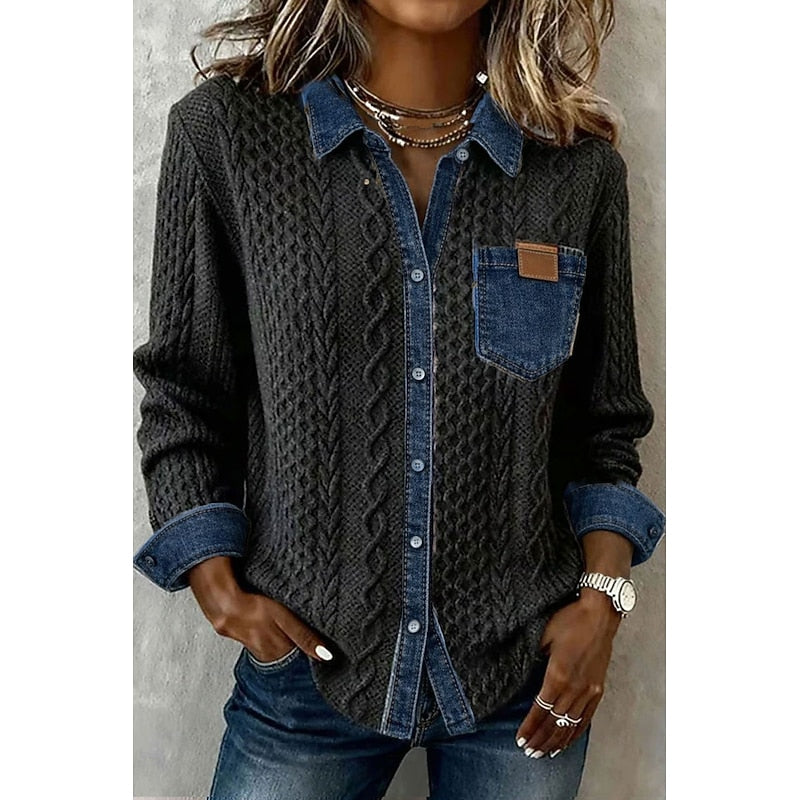 Women's Textured Contrast Shirt in black, Elegant Everyday Wear