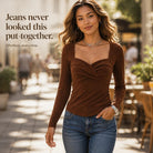 Women's Twisted-Front Sweetheart Neckline Long-Sleeve Top - Fitted