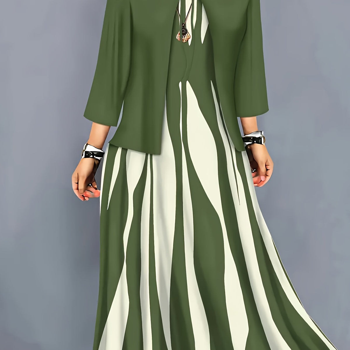 Women's Two-Piece Elegant Dress Set with Jacket - Fern Green