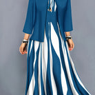 Women's Two-Piece Elegant Dress Set with Jacket - Light Blue White