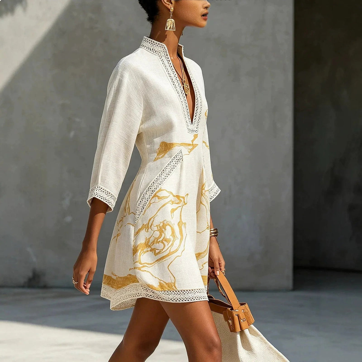 Women's V-Neck Mini Dress - Artistic Print