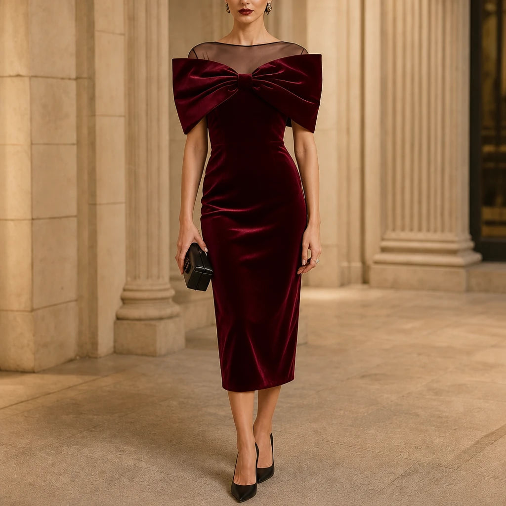 Women's Velvet-Look Midi Dress with Bow Detail – Off-Shoulder - Burgundy