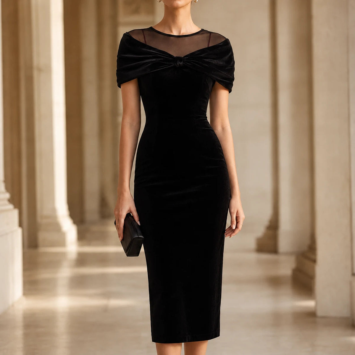 Women's Velvet-Look Midi Dress with Bow Detail – Off-Shoulder