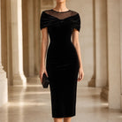 Women's Velvet-Look Midi Dress with Bow Detail – Off-Shoulder