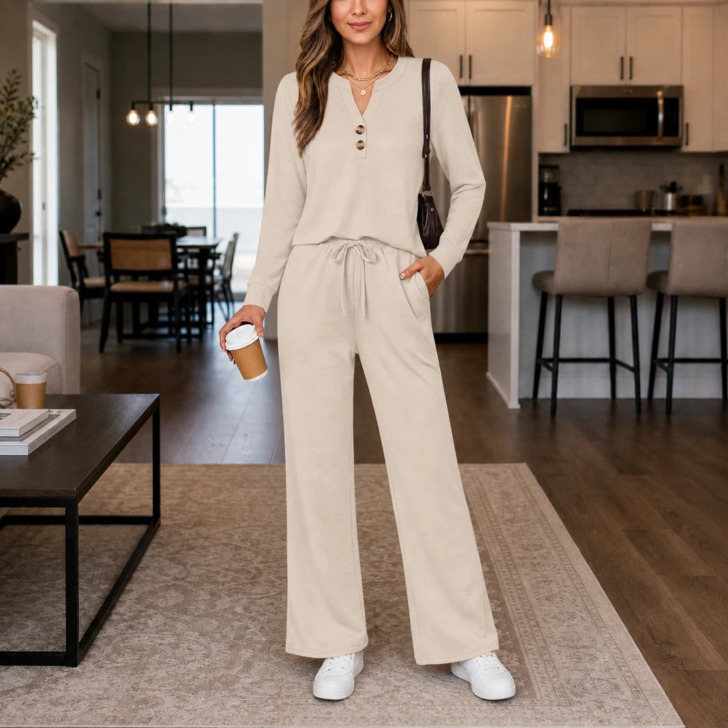 Women's Wide-Leg Lounge Set in beige, Relaxed Top & Pants