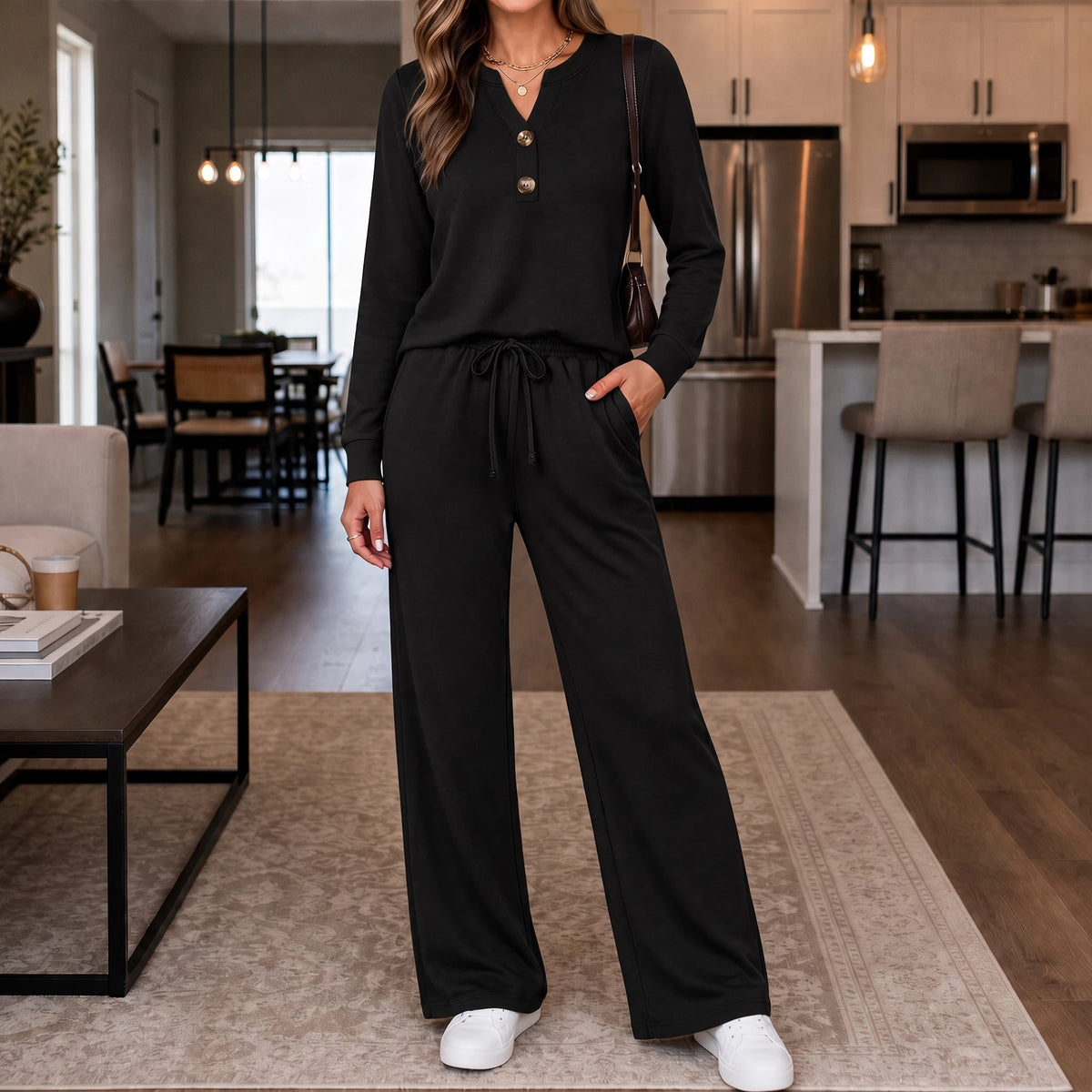 Women's Wide-Leg Lounge Set in black, Relaxed Top & Pants