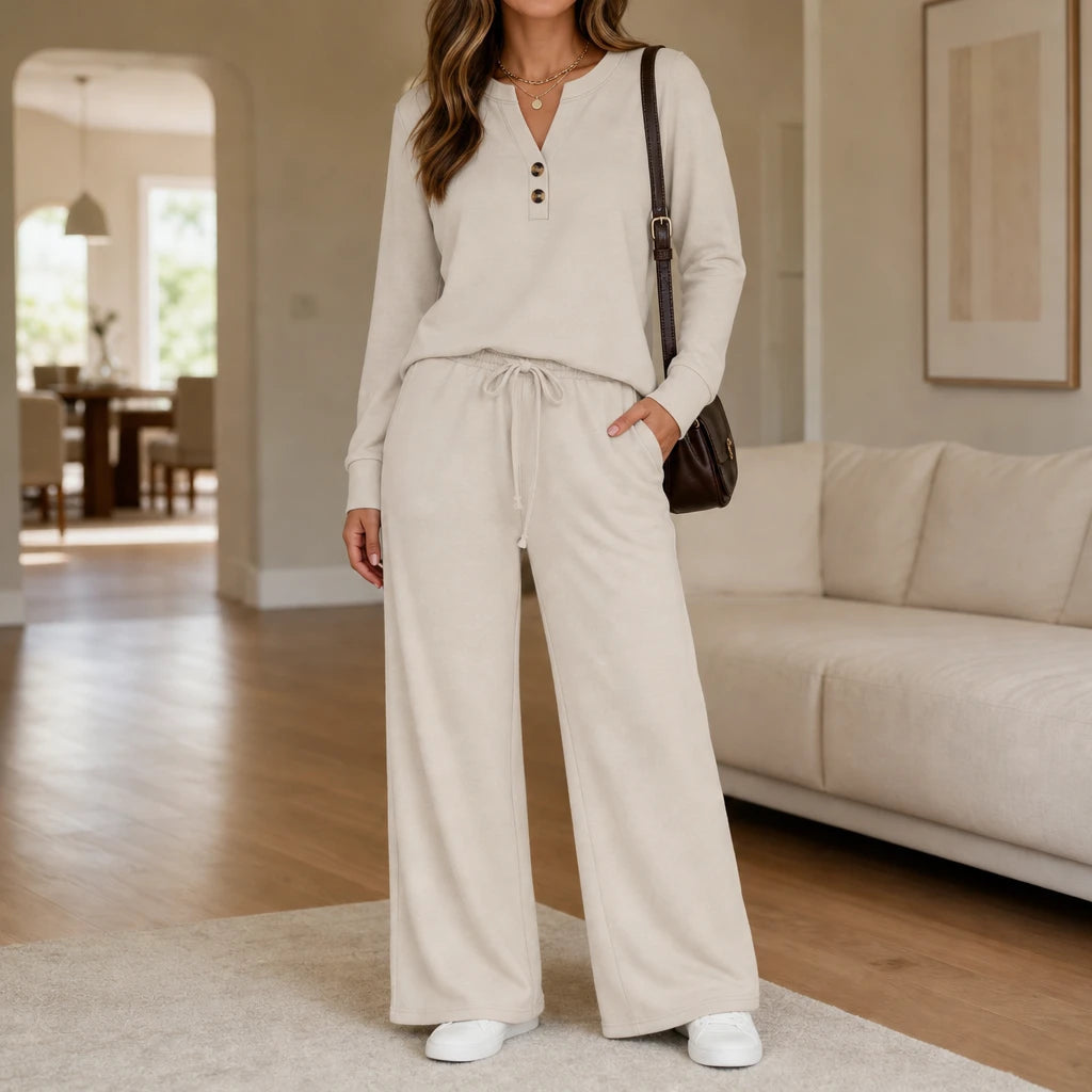 Women's Wide-Leg Lounge Set - Relaxed Top & Pants