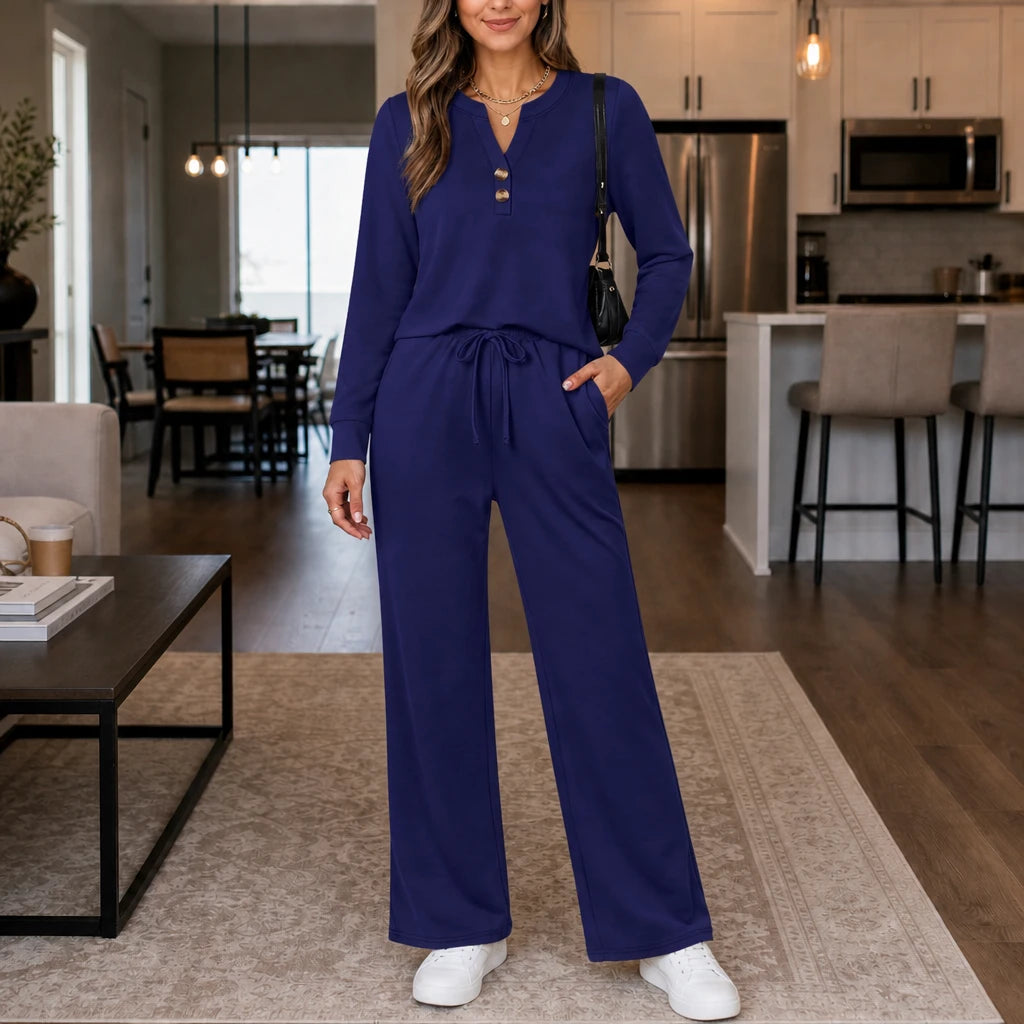 Women's Wide-Leg Lounge Set in navy, Relaxed Top & Pants