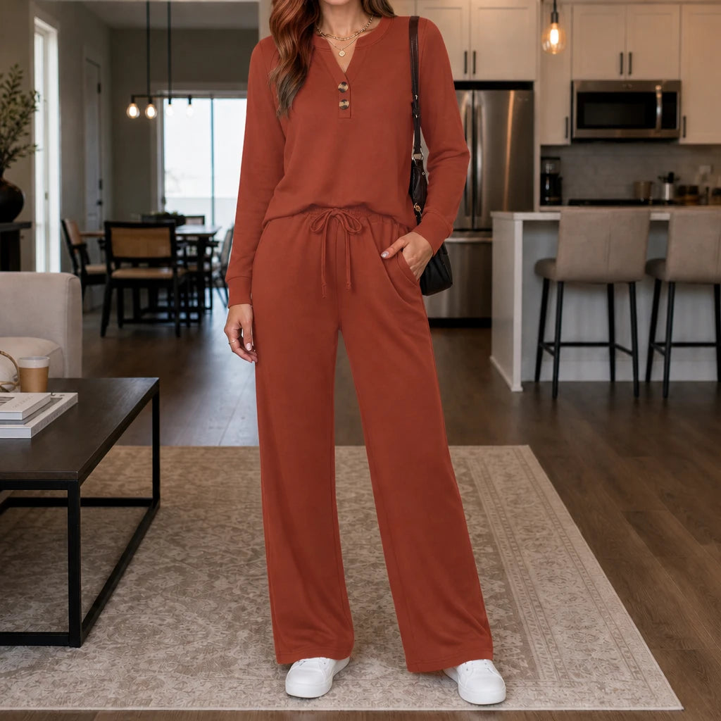 Women's Wide-Leg Lounge Set in rust, Relaxed Top & Pants